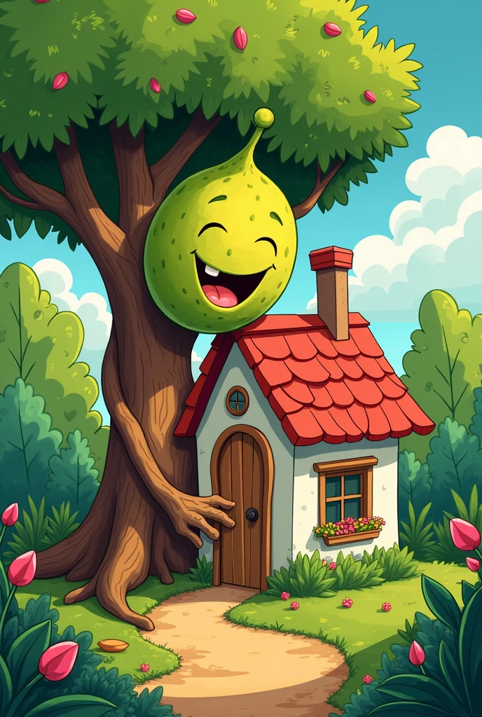 Cartoon of soursop tree knocking on the door of a small house