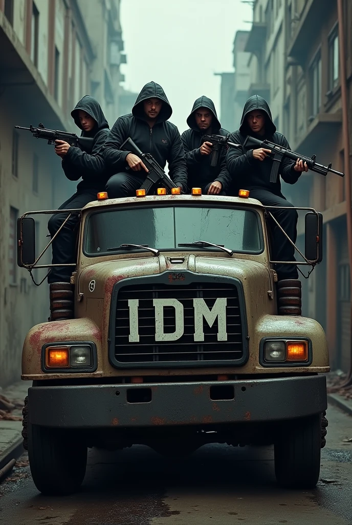 A group of gang holding guns and handing on a truck with IDM written on the front glass