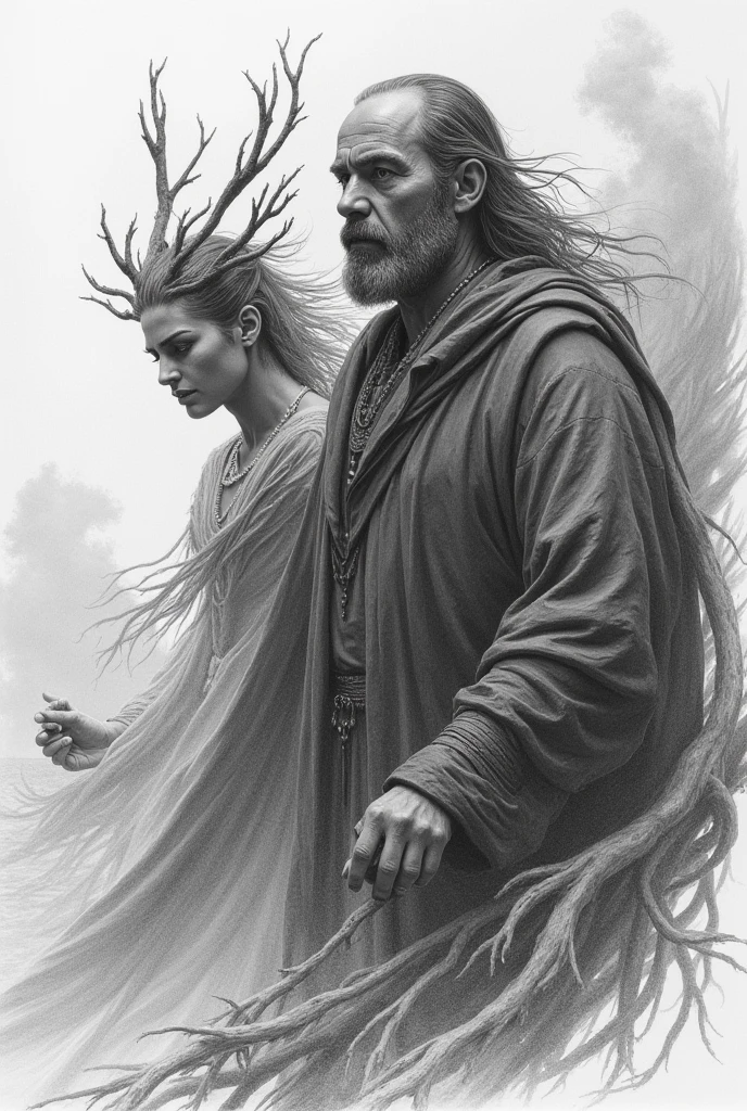 An image that encompasses everything from William Shakespeare's The Tempest in the form of an easy pencil drawing