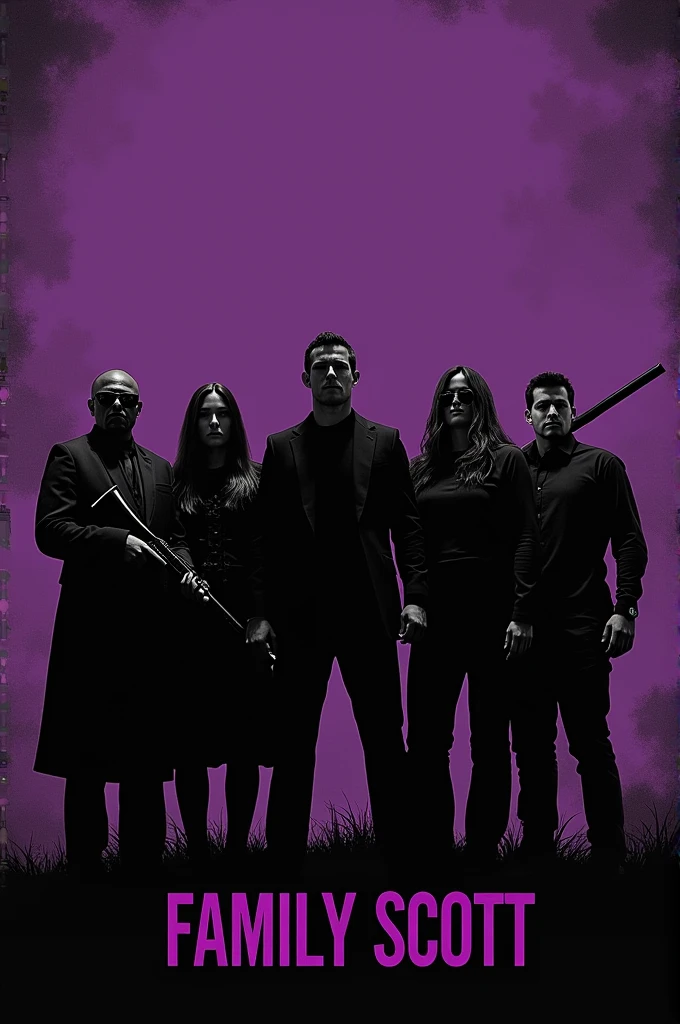 Generate an image with a purple background mixed with black and in the front written Family Scott with about 5 people looking like the mafia with weapons in black detail.