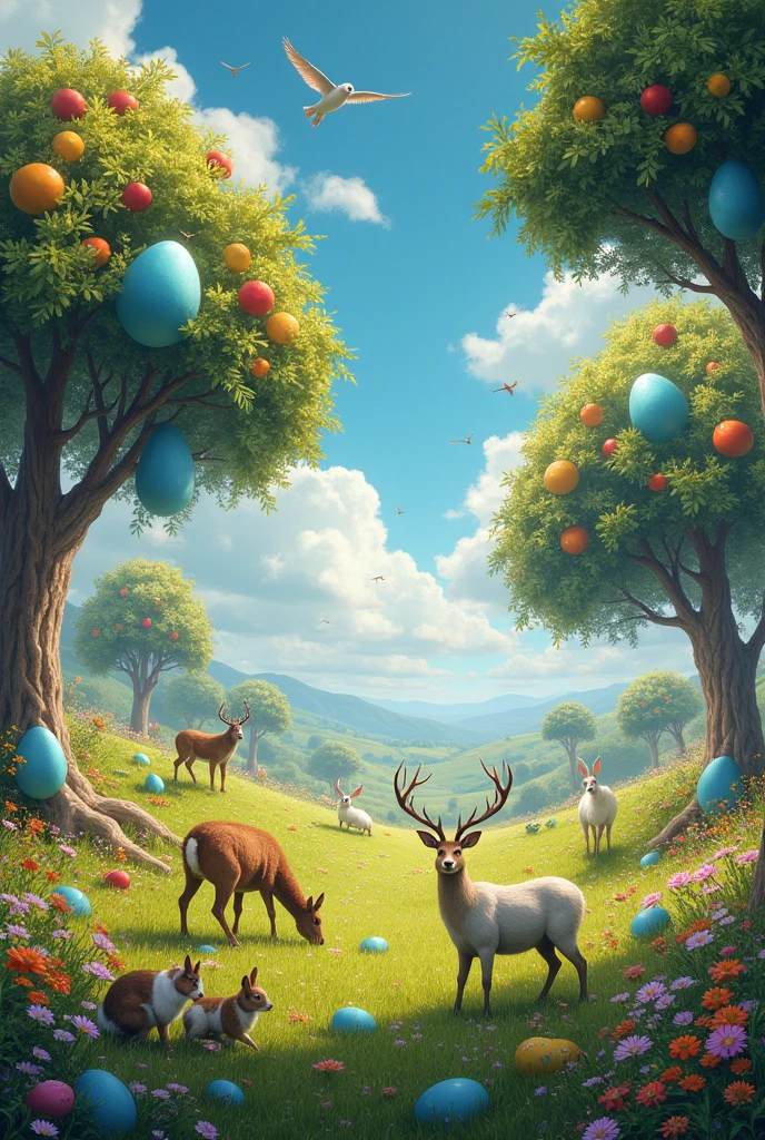 A very colorful pasture with several different animals, trees loaded with fruits and giant blue eggs.