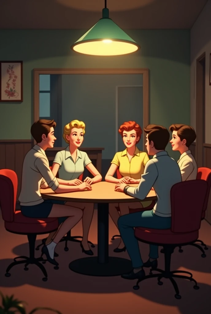 I want an animated image where there is a group of 5 people sitting around a circular table and there is space to put text above the people's heads. I want the image to be from a distance, to look like an image that looks like it was in 1957.