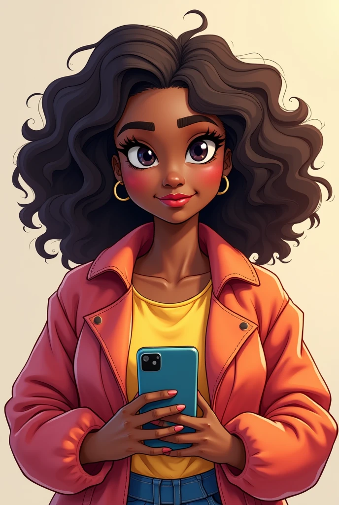 woman with medium hair, dark brown afro with white streak in the front, rosy lips, black eyes, fat and wide face, woman with cell phone in hand,  gamer clothes, styled, Disney movies