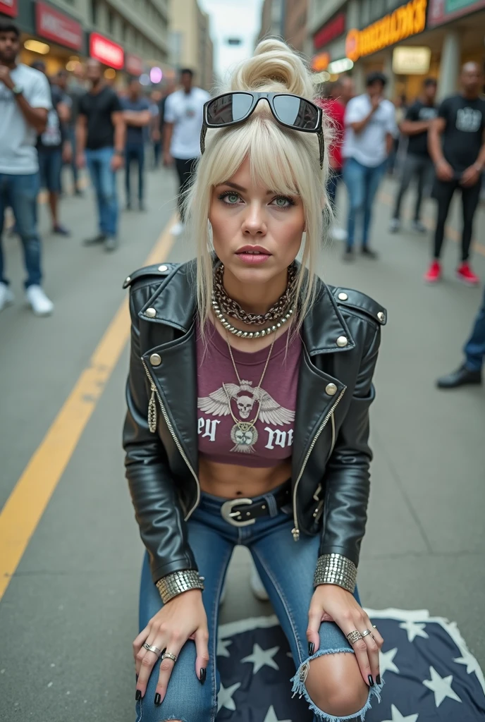 russian old milf woman, , blonde platinum hair (beehive bun) and oversized square sunglasses as headband), with very light green eyes, extremely pale. Wearing studded, padded shoulders, cropped black moto jacket (zippers on the side. dark burgundy push up t-shirt with skull and wings logo and gothic lettering,, dark skinny low rise blue jeans with holes on knees .White tennis sneakers. Lots of thick wide studded bracelets, chain collars and big rings. Tacky wide studded leather belt with big eagle oval buckle. Long earrings with chains. Kneeling on a large ragged usa flag, looking at the photographer. Craving, sensual face. Hands on knees. Looking at the camera, Toned abdominals, thin neck, slim legs and thin arms. Narrow hips. Heavily tattooed on chest, hands, neck and arms. Street of Nairobi, crowded with standing people