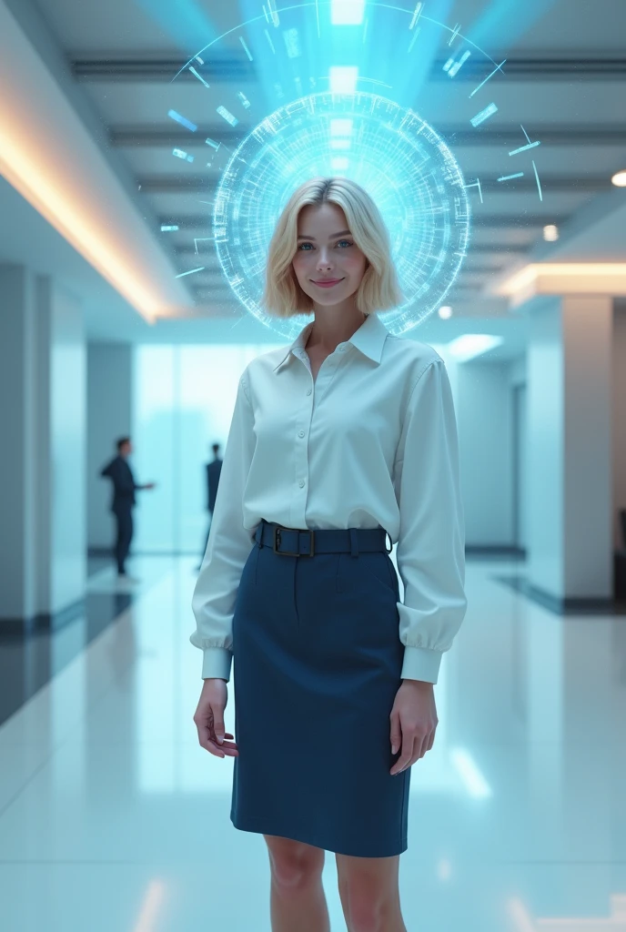(photorealism:1.2), beautiful woman, swedish, blonde, smiling,, assistant, pencil skirt, 18yo, corporate lobby, white floor and ceiling, blue lighting, hologram, projection, floating above ground, looking at camera, short hair
