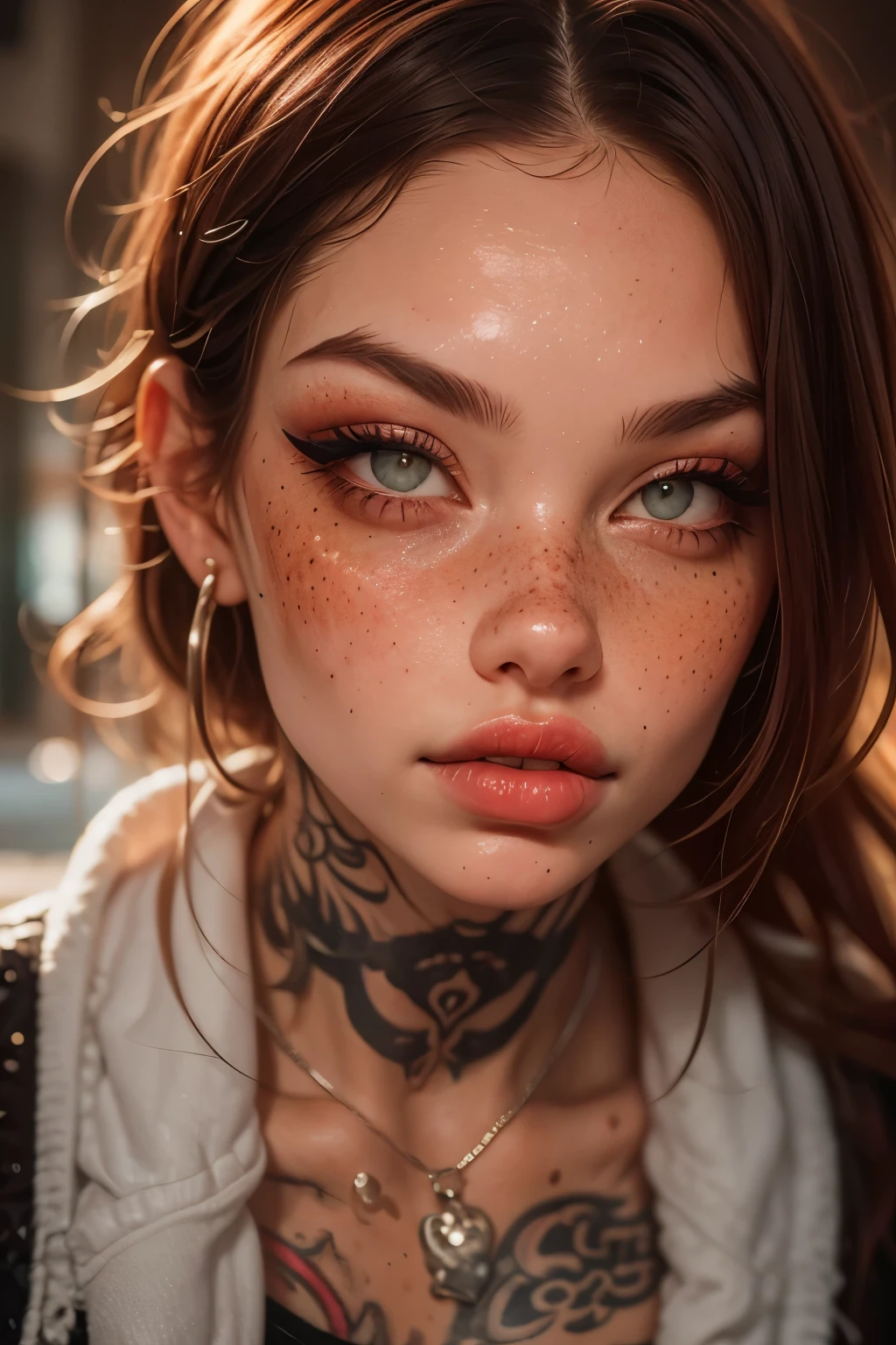 realistic portrait of a 25 year old woman, intense gaze, brown eyes, soft smile, freckles on her face, red hair, colorful tattoos, horror makeup, eyeliner, thin red lips, black skirt, silver accessories, jewelry silver, rain, storn