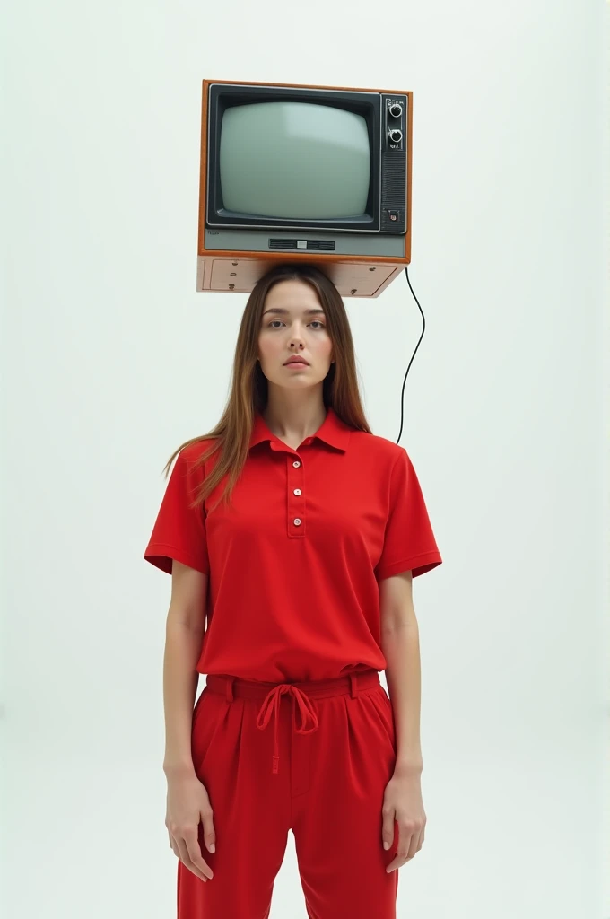 A person in a red shirt and pants on a white background with an old TV on his head