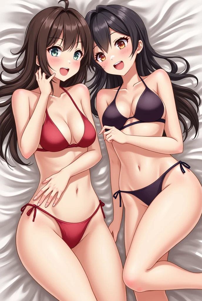 Anime Women wearing bikinis, lying down with eyes open and looking up, his mouth opened and he stuck out his tongue. not smiling