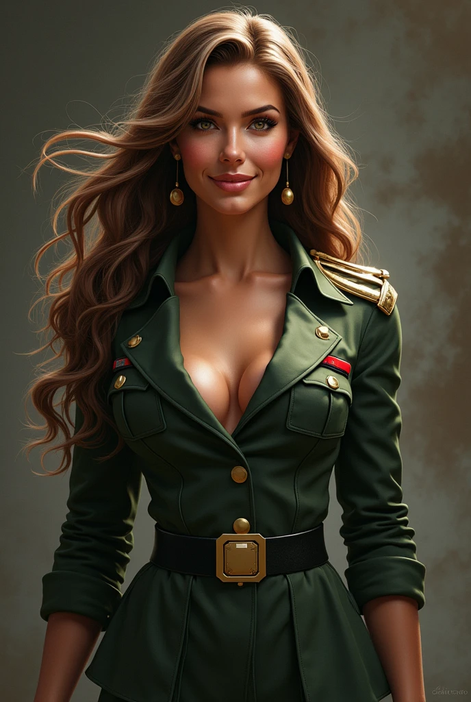 Beautiful women, military outfit, smiling, large breasts, long hair