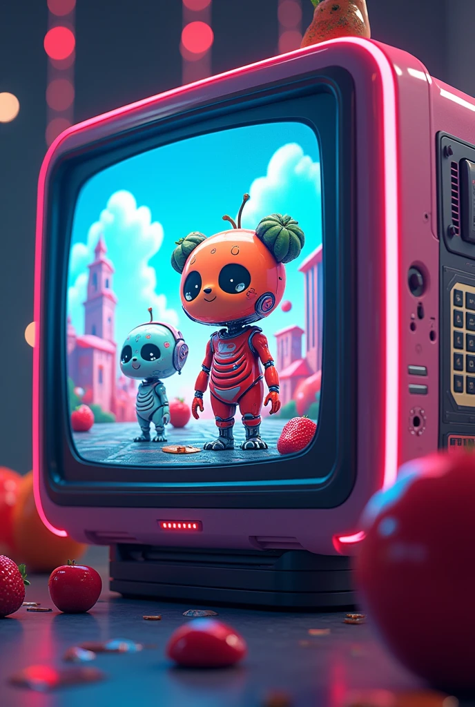 Pictures of cartoon characters on a TV screen、Concept Art、screenshot、Fruit Bun、cyber skeleton、1：1 Hyper Illustration、Images on the store&#39;s website、There are finer details。anime。skin、ネオングローConcept Art