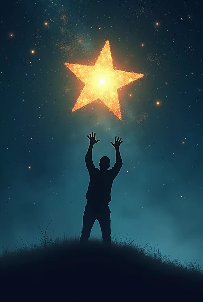 Create a striking book cover with a shadow trying to catch a floating star in the night sky and shining bright gold. 