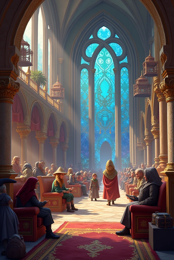 Create a picture of the waiting room from an RPG game called SUPER WORLD