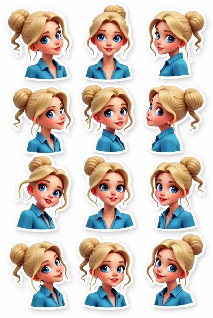 I want to create a series of stickers for WhatsApp and Telegram where the girl character has white skin, blue eyes, by rubio, of the high collections, a blue shirt 