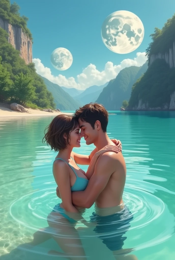 Image of a 38-year-old woman with short brown hair, swimming with a 20 year old guy in a turquoise lake she is wearing a light blue bikini, sky background with two moons, the lake forms a beach, They hug and smile a lot