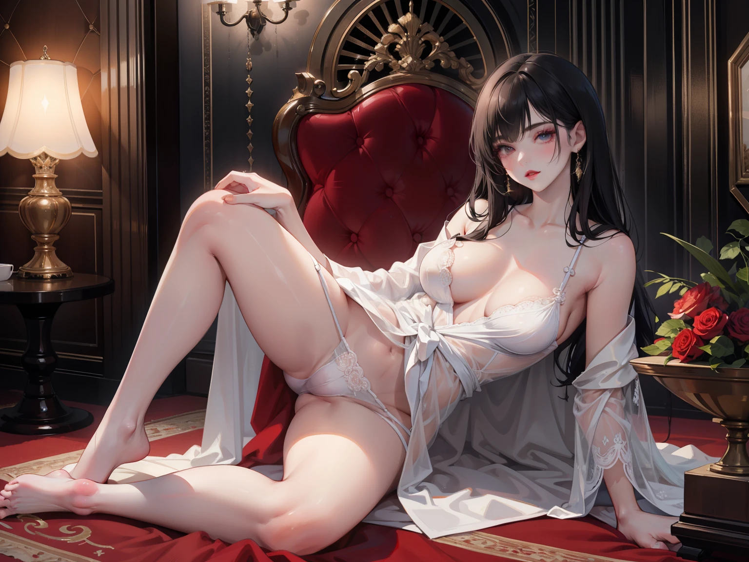 (looking at viewer), fullbody view,((erotic posing)),Dynamic posing,Arrange pose,dramatic,cinematic,detailed background,dynamic angle,Hard NSFW,Top quality work，Photorealistic works，Ultra Premium Graphics，8K HD CG works，High-quality graphics，High-definition fine CG works，超A high resolution、Show Legs，close-up all over the body，10x pixel，Ultra-fine details：1.1，Advanced technical details：1.1Photographically realistic，Indoor lighting effects：1.5，Natural light：1.5. light effect（Virtual Light Effects：1.8），超A high resolution，Transparent hair，High Detail Hair（Premium Hair Detail：1.1）Clear eyes，Good looking double eyelids，Sharp eye makeup, Delicate makeup for eyelashes, Thin eyebrows, ultradetailed eyes，lovely red lips, Rose cheeks, Face with delicate makeup , Pretty Face, A perfectly proportioned face,（Advanced facial details：1.1，stiletto heelitts，Authentic dress works，In the banquet hall，Women's Artwork，full-body view，Realism，overall look is very erotic, amazing,Large round chest、Beautiful eye details、Very slender eyes、Beautiful eyelashes、beautiful double eyelid, creamy silk robe, lace white bra and panties, (((silk robe lift, Panties are visible)))