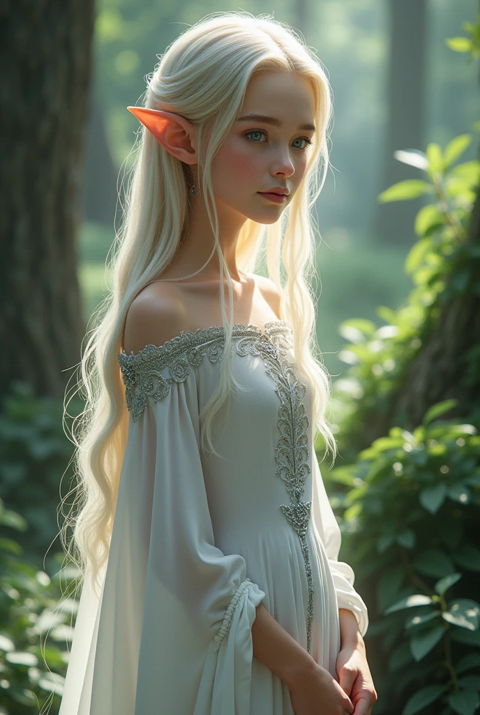 Full Body view, Alfheim Elf Tween, beauty, Pale Skin, White Gown with silver accents,  Blue eyes, Blonde hair, standing in a forest, Materpiece, 4K UHD, Flawless, Feminine beauty, 