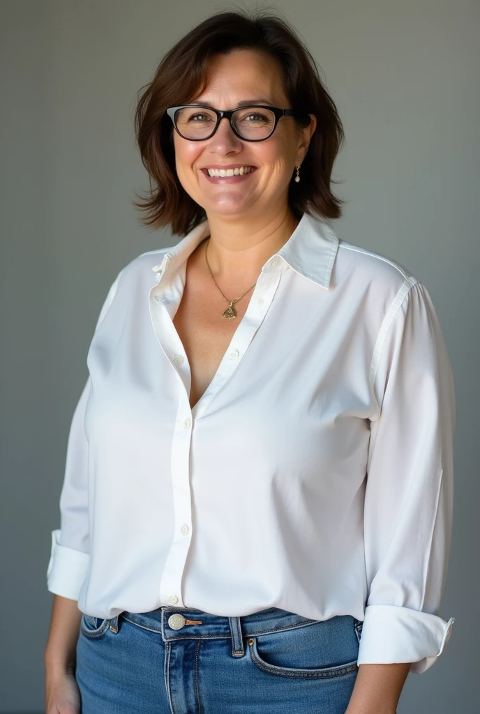 46 year old busty woman wearing jeans with big hips and big breasts  with white button down dress shirt and nice cleavage close up and short brunette hair and glasses 