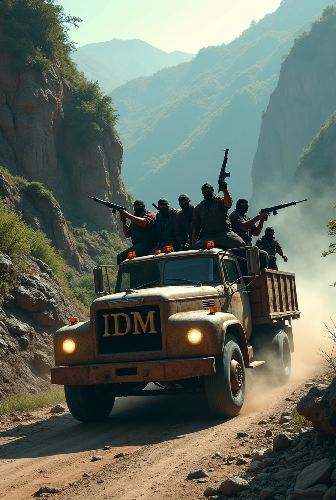 A group of gang holding guns and handing on a truck with IDM written on the front glass and traveling on a mountainous road