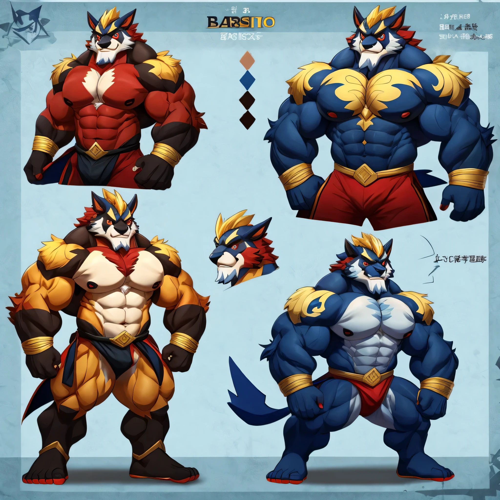 Generate a Pokémon male urshifu muscle bara with a reference sheet, with dark blue color, gold color and red color. 