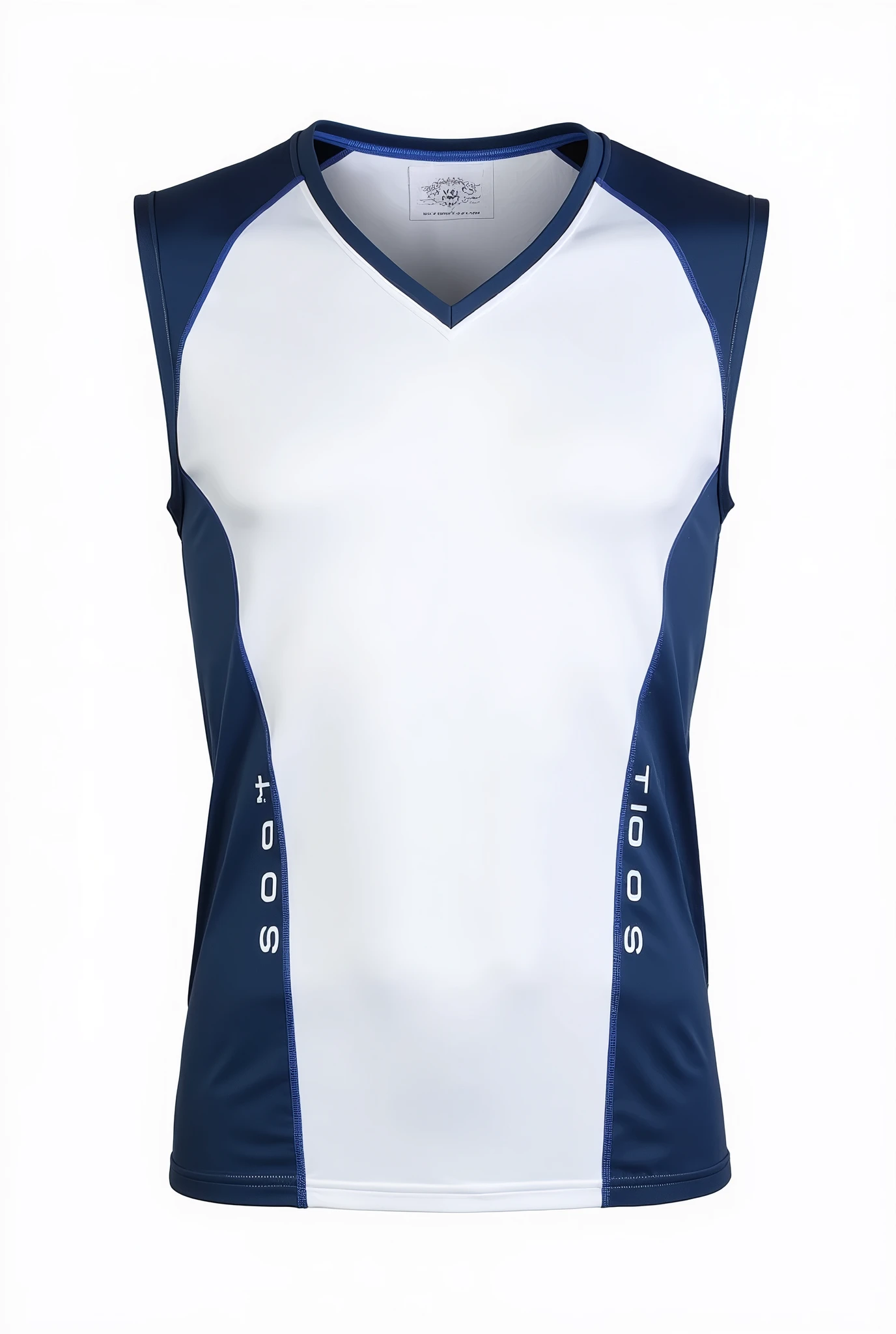 Sleeveless V-neck running t-shirt, White in the center with the small letters GOAT SM SPORT on the sides in a light blue color and on the edge in dark blue for men