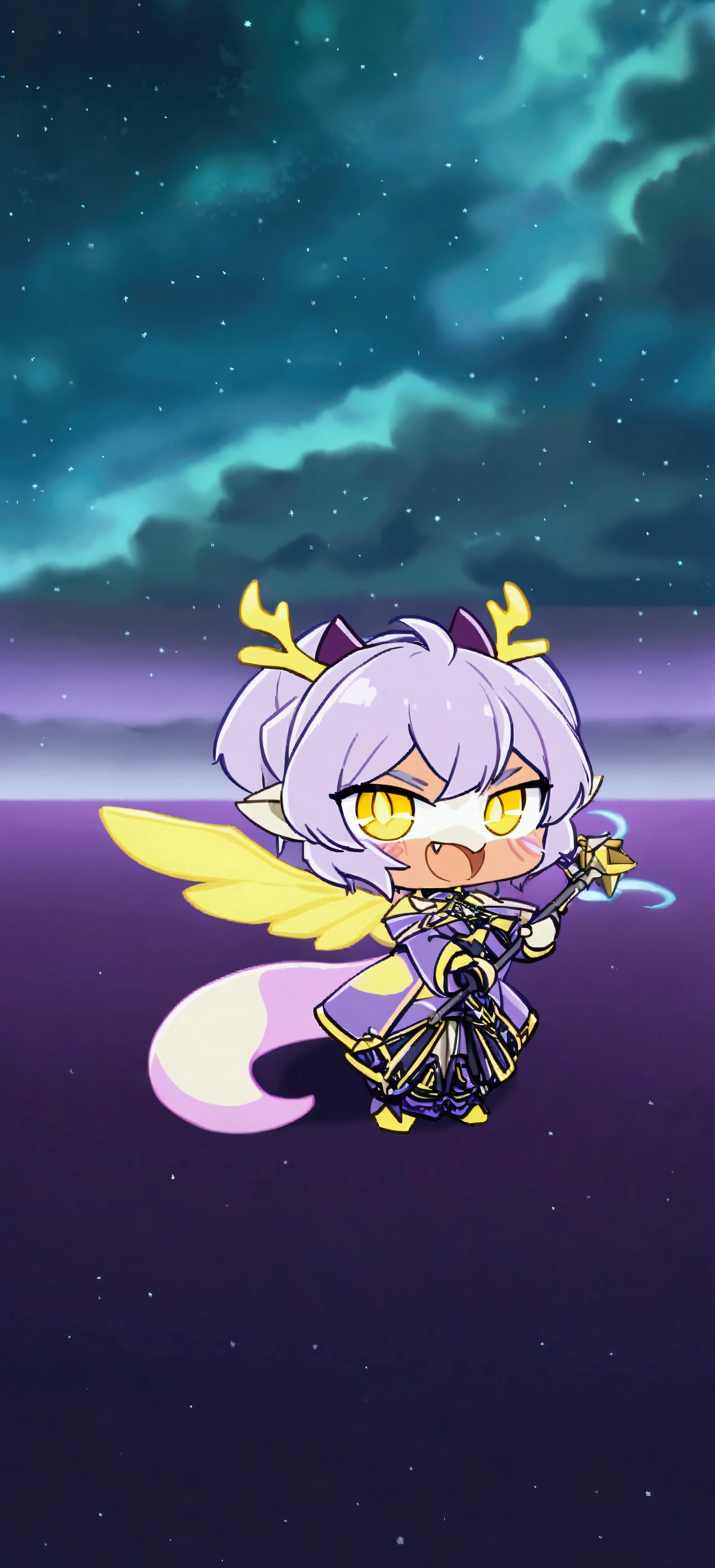 
- **chap:** Male fairy - **eyeballs:** yellows, penetrating, and half-moon pupils - **teeths:** Sharp fangs that stand out when he smiles - **antlers:** Two horns that curve elegantly backwards - **Tailpussy:** Long purple tail with a furry tip - **body hair:** glowing purple, with white streak, and reflections reminiscent of space and stars - **vestimentas:** vestimentas social de cor índigo com um decote triangular no tórax

**Additional Detail:**
- **wings:** wings de luz amareladas,ethereal and translucent in the shape of dragon wings