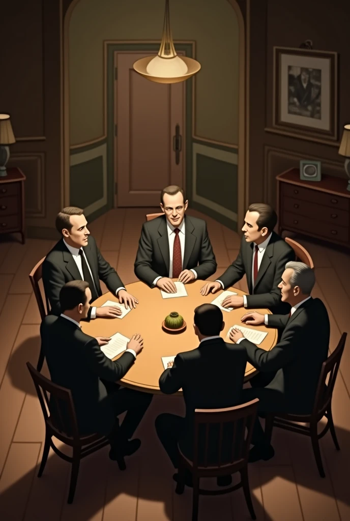 I want an animated image where there is a group of 5 people sitting around a circular table and there is space to put text above the people&#39;s heads. I want the image to be from a distance, so that it looks like an image in 1957. I want it to be an image from above and that there are only men.

