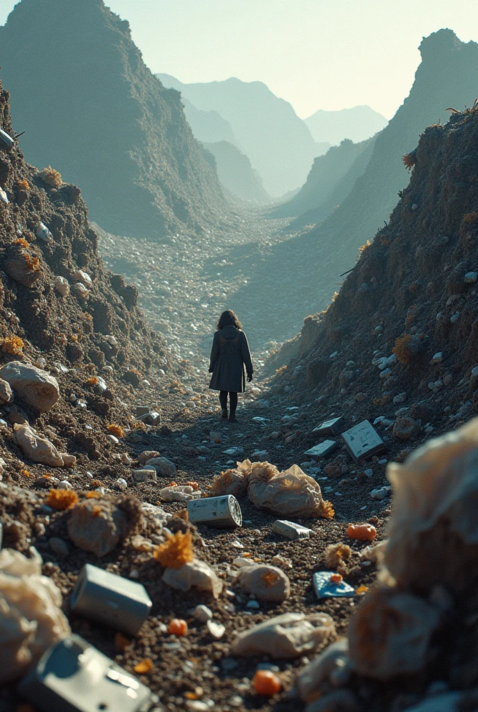 A person swimming in the garbage of a landfill