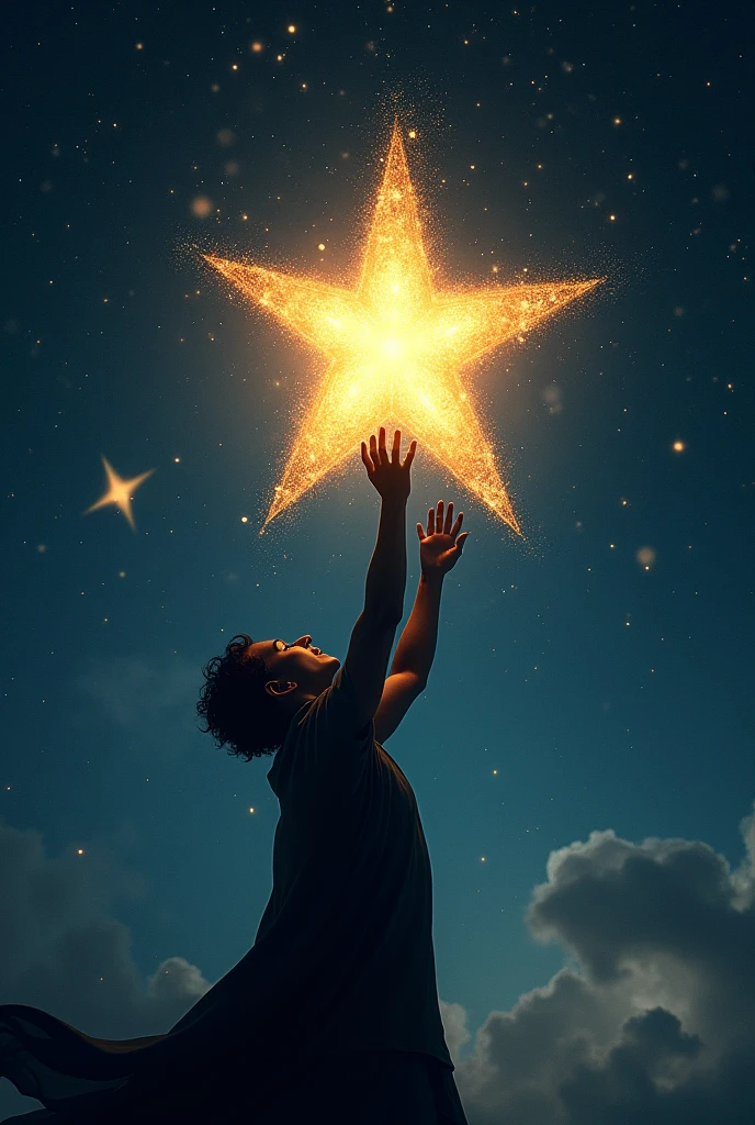 Create a striking book cover with a shadow trying to catch a floating star in the night sky and shining bright gold.