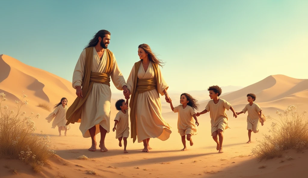 JOB FROM THE BIBLE HAPPY WITH HIS WIFE AND HIS SEVEN CHILDREN DESERT LANDSCAPE