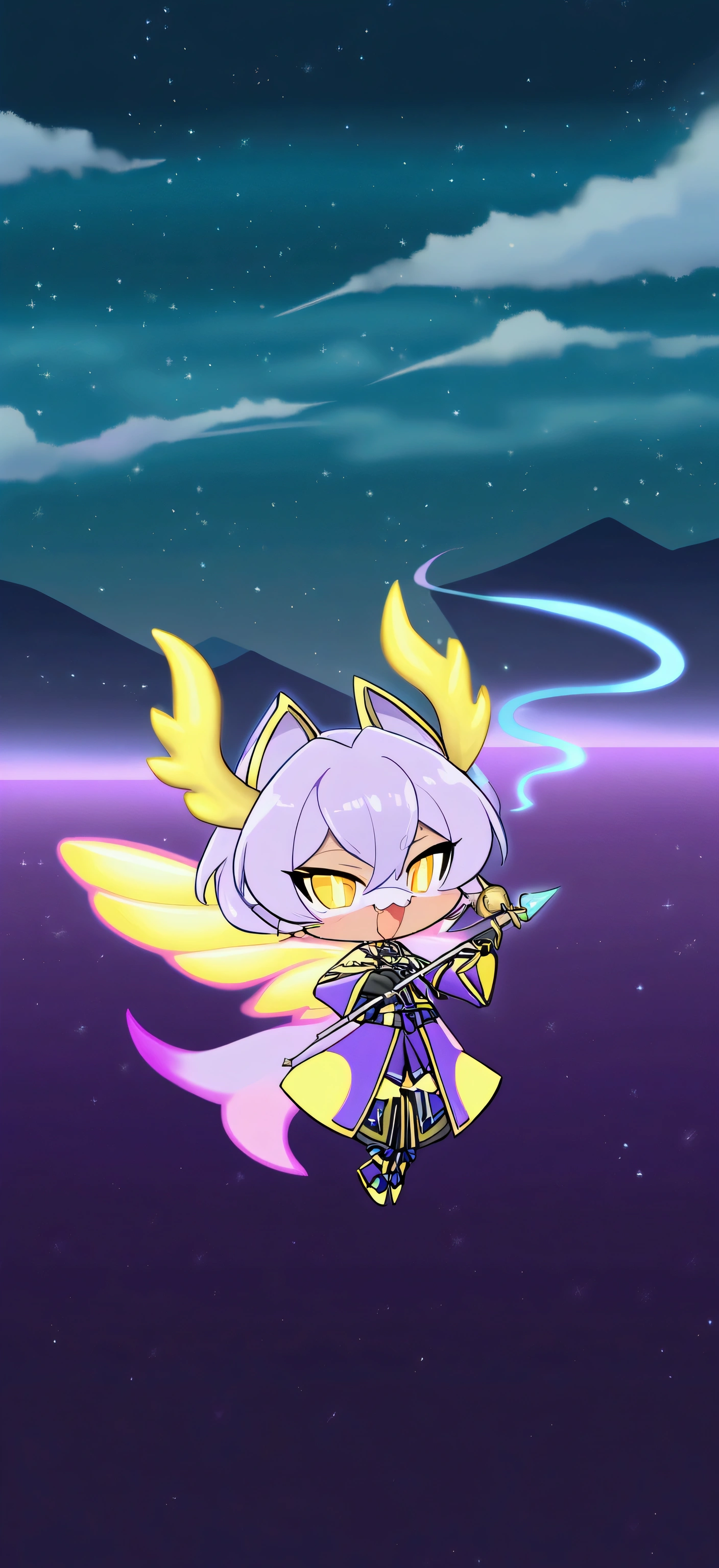 
- **chap:** Male fairy - **eyeballs:** yellows, penetrating, and half-moon pupils - **teeths:** Sharp fangs that stand out when he smiles - **antlers:** Two horns that curve elegantly backwards - **Tailpussy:** Long purple tail with a furry tip - **body hair:** glowing purple, with white streak, and reflections reminiscent of space and stars - **vestimentas:** vestimentas social de cor índigo com um decote triangular no tórax

**Additional Detail:**
- **wings:** wings de luz amareladas,ethereal and translucent in the shape of dragon wings