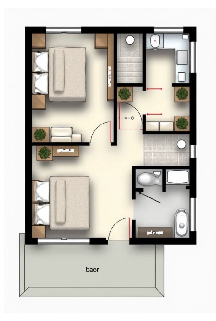 Interior plan of the second floor with 2 bedrooms and 2 bathrooms with a tub and a super closet