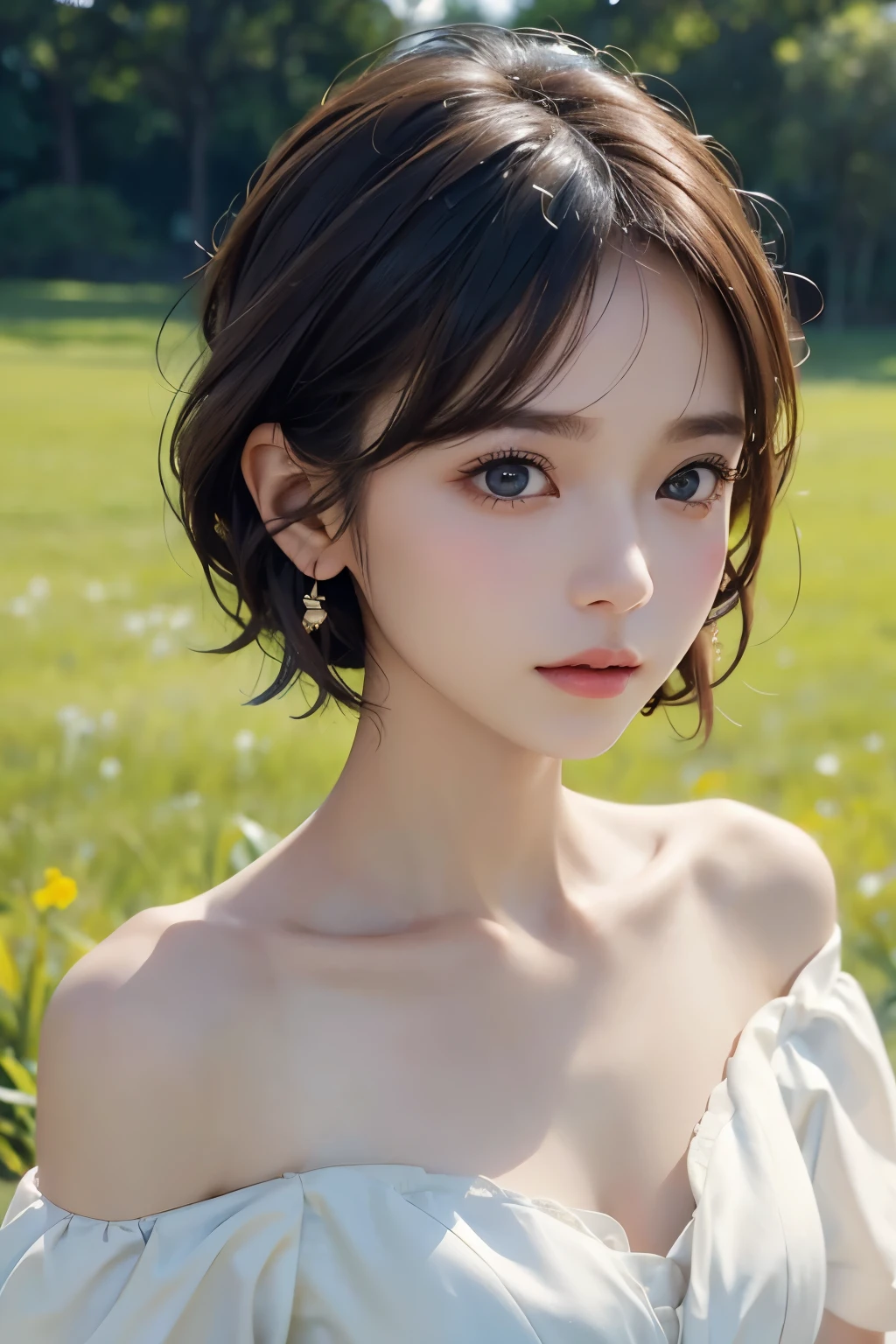 １４age、short hair、grassland、Image from chest up:1.6)、Close-up portrait of a woman wearing a white off-the-shoulder dress and earrings, Soft Portrait Shot 8k, Nice delicate face, High-quality 4K portraits, High-quality portraits, Soft and perfect white skin, 8k highly detailed face, Beautiful delicate face, Beautiful light big eyes, 美しい and realistic face, 