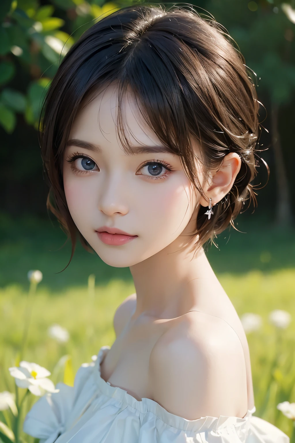 １４age、short hair、grassland、Image from chest up:1.6)、Close-up portrait of a woman wearing a white off-the-shoulder dress and earrings, Soft Portrait Shot 8k, Nice delicate face, High-quality 4K portraits, High-quality portraits, Soft and perfect white skin, 8k highly detailed face, Beautiful delicate face, Beautiful light big eyes, 美しい and realistic face, 