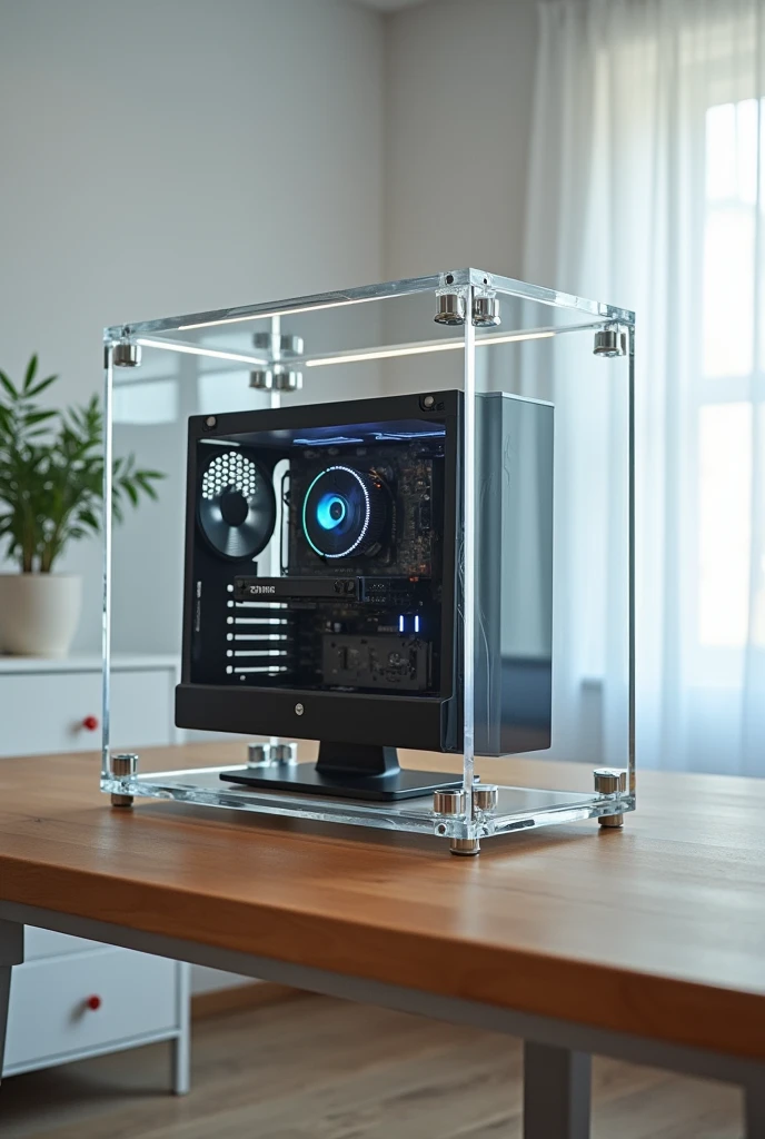 Computer inside an acrylic box with the bottom screwed to the table so that it is possible to remove and place the box