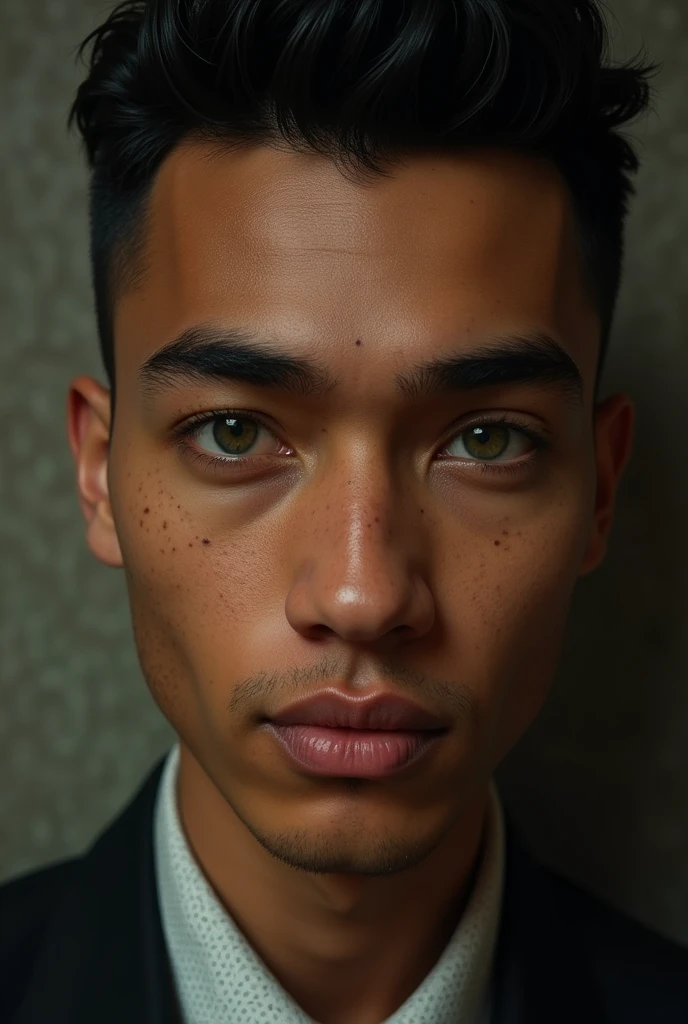 black haired man, with thick eyebrows, green and almond-shaped eyes, brown skin, with an oval face and marked features, a nice smile with full lips, small freckles on his face and a mafia look, young and very handsome