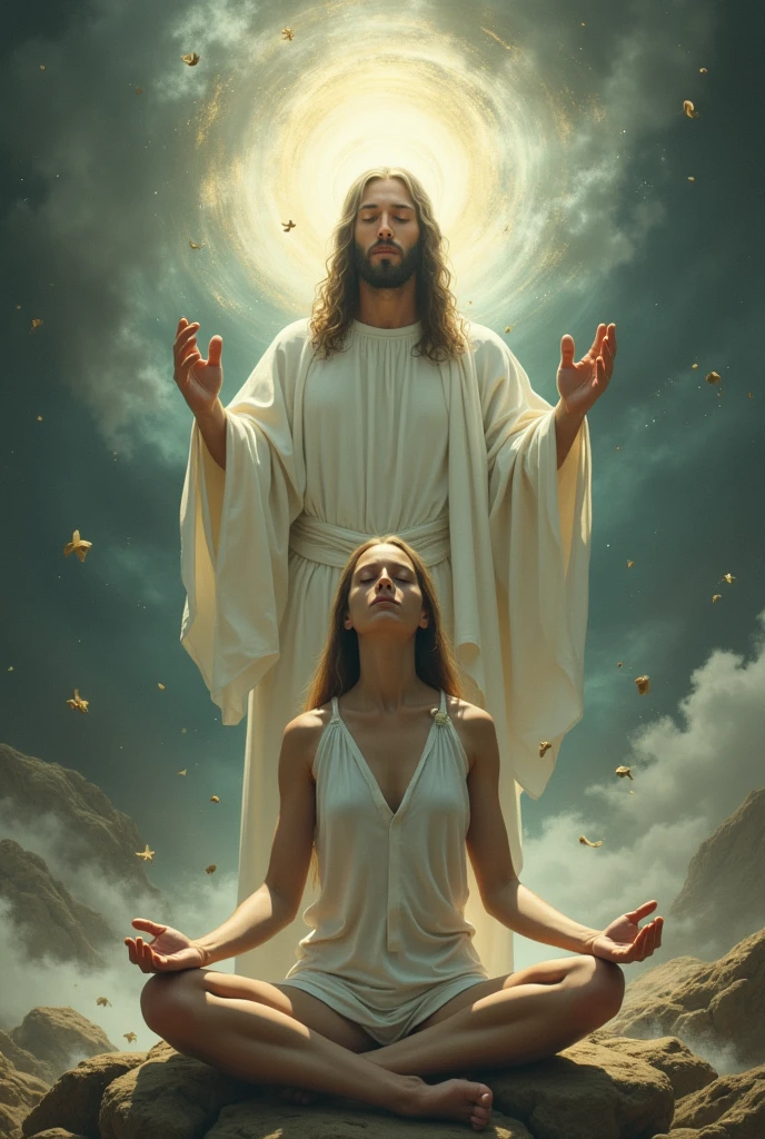 Image of a woman meditating serenely while Jesus stands in front of her preventing her from fighting, confusion, disorder and chaos may affect or influence your serenity