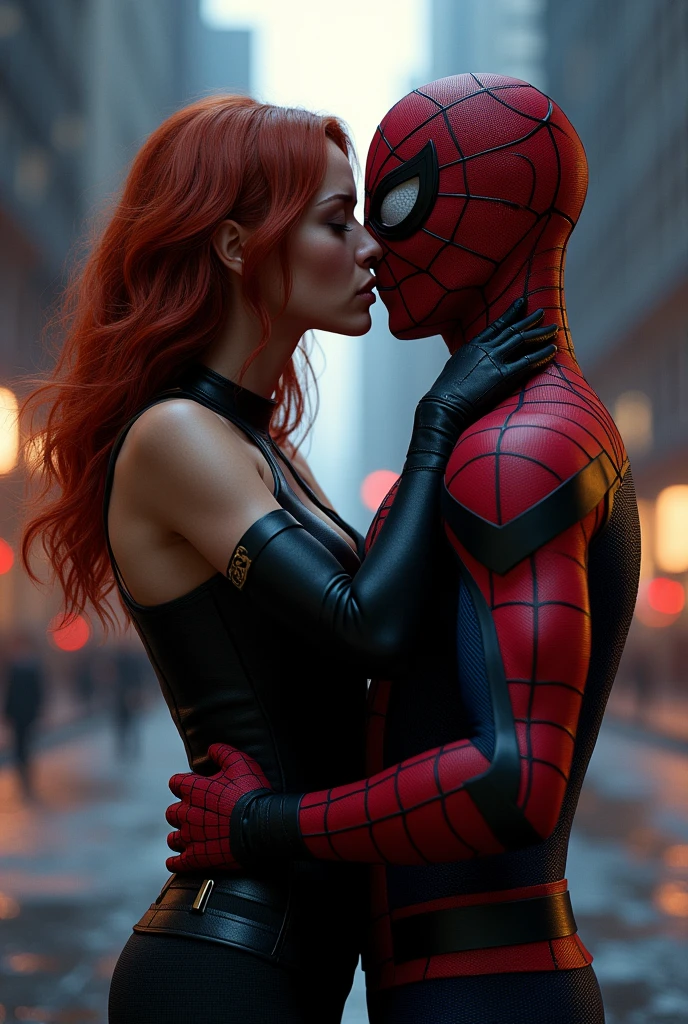 Avengers Black Widow kissing Spider-Man without the Mask 