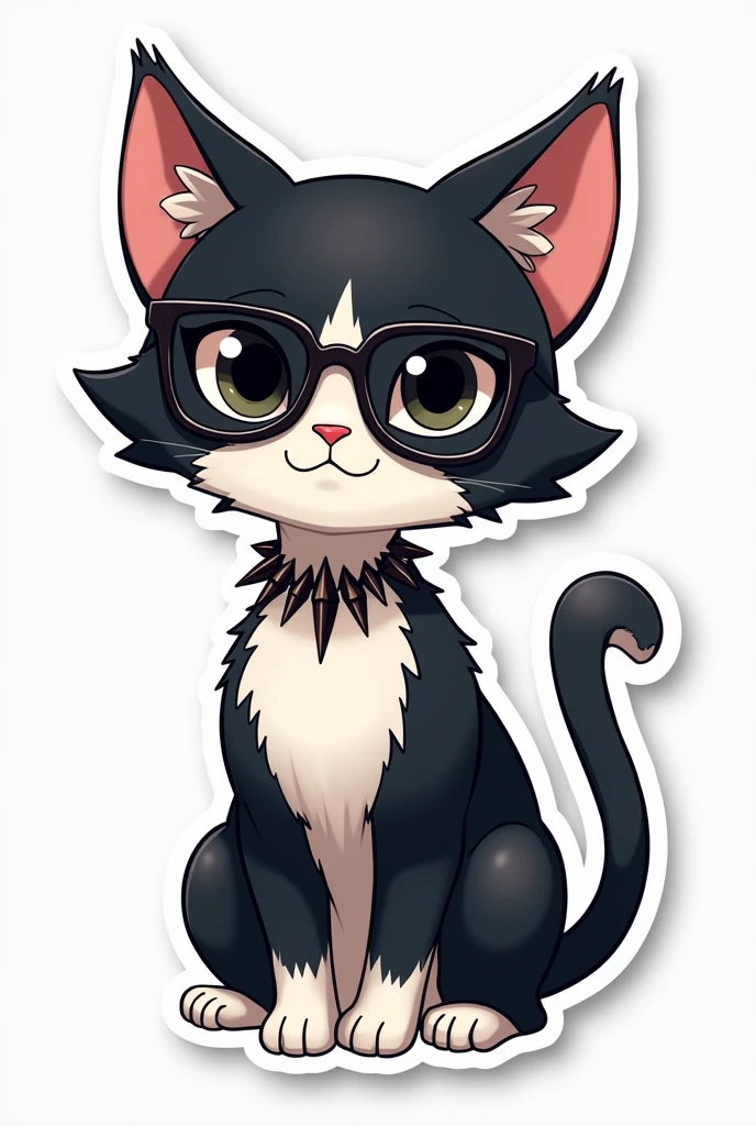 I want to create a series of stickers for WhatsApp and Telegram where the character has white skin, black eyes, black fur, cat ears, Glasses, and a spiked collar around his neck.