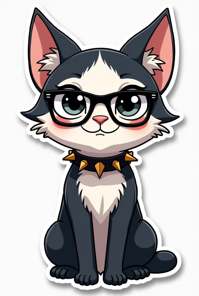 I want to create a series of stickers for WhatsApp and Telegram where the character has white skin, black eyes, black fur, cat ears, Glasses, and a spiked collar around his neck.