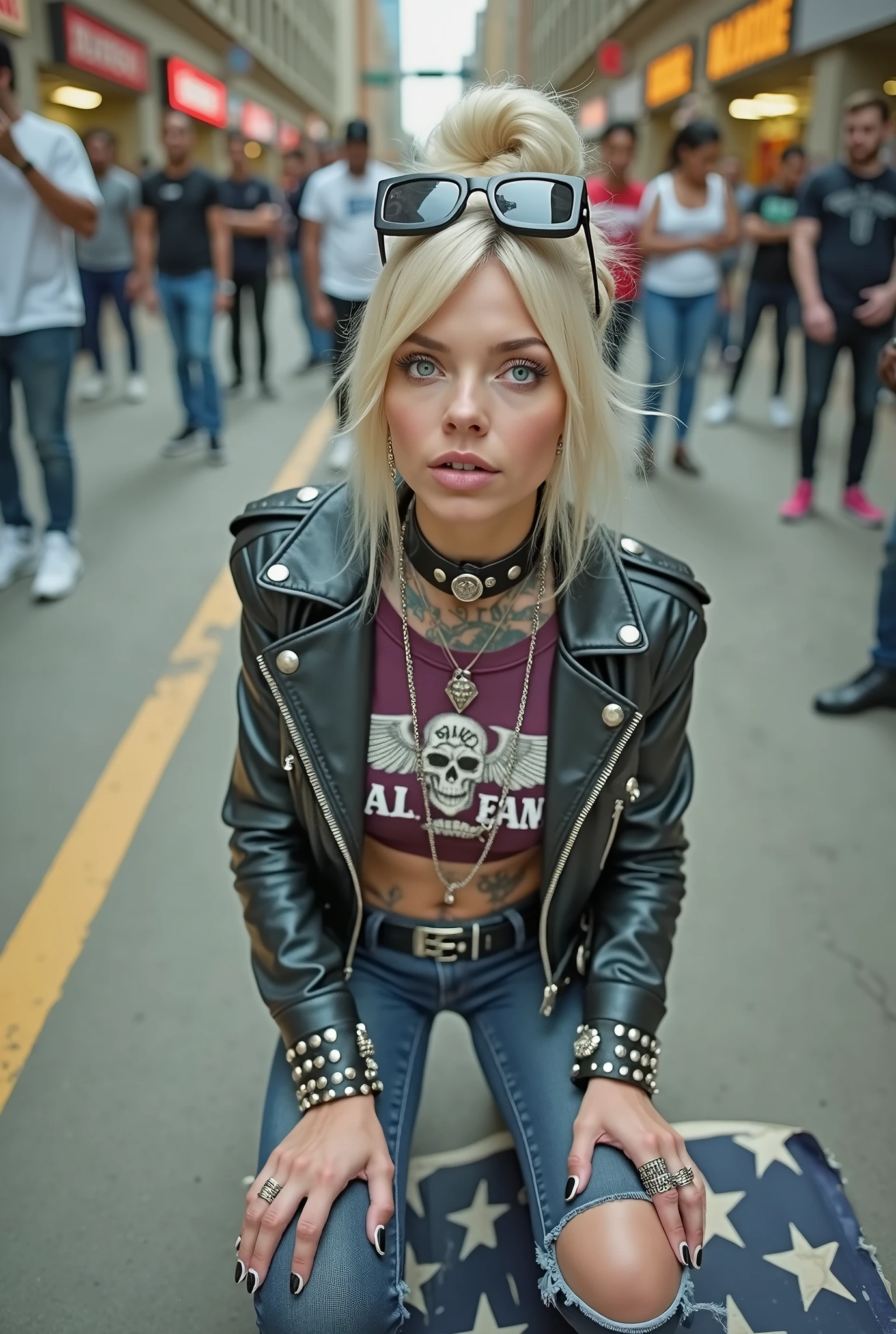 russian old milf woman, , blonde platinum hair (beehive bun) and oversized square sunglasses as headband), with very light green eyes, extremely pale. Wearing studded, padded shoulders,  cropped black moto jacket (zippers on the side. dark burgundy push up t-shirt with skull and wings logo and gothic lettering,, dark skinny low rise blue jeans with holes on knees .White tennis sneakers. Lots of thick wide studded  bracelets, chain collars and big rings. Tacky wide studded leather belt with big eagle oval buckle. Long earrings with chains. Kneeling on a large ragged usa flag, looking at the photographer. Craving, sensual face. Hands on knees. Looking at the camera, Toned abdominals, thin neck, slim legs and thin arms. Narrow hips. Heavily tattooed on chest, hands, neck and arms. Street of Nairobi, crowded with standing people