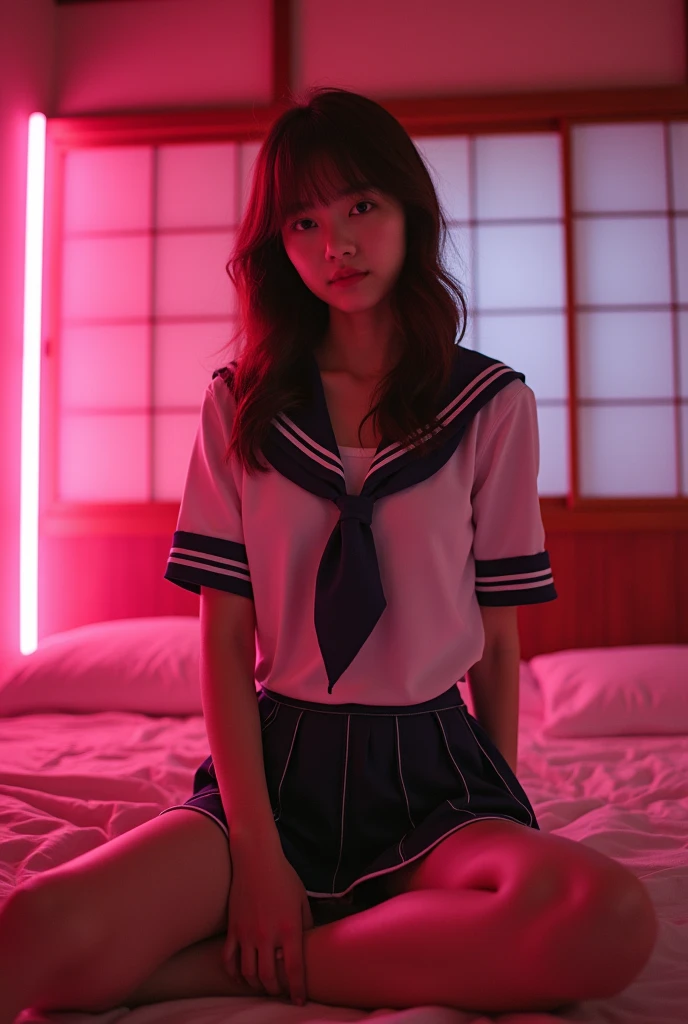 (Japanese 18 year old high school girl)) ((Plump and glossy lips)) Saggy breasts ((Brown Hair)) ((Looking into the camera)) Sit with your legs apart ((Schoolgirl uniform)) Low angle shot of a person standing facing forward Looking down ((A bedroom with shoji screens and tatami tatami lit up with pink neon lights)) (((( Please look at my pussy with my legs spread in an M-shape:1.2))))