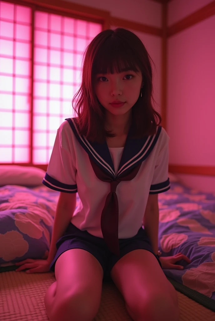 (Japanese 18 year old high school girl))　((Plump and glossy lips))　Saggy breasts　((Brown Hair))　((Looking into the camera))　Sit with your legs apart　((Schoolgirl uniform))　Low angle shot of a person standing facing forward　Looking down　((A bedroom with shoji screens and tatami tatami lit up with pink neon lights))　(((( Please look at my pussy with my legs spread in an M-shape:1.2))))