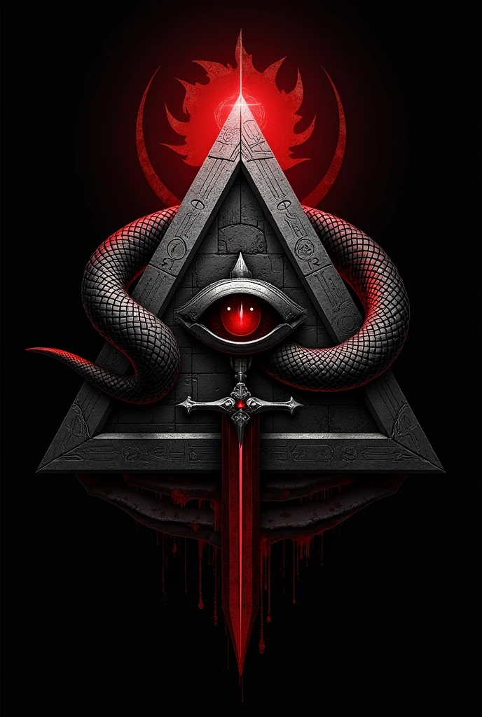 Logo, a pyramid with an eye in the center and a snake coiled around it, sword piercing the pyramid, use black and red colors
