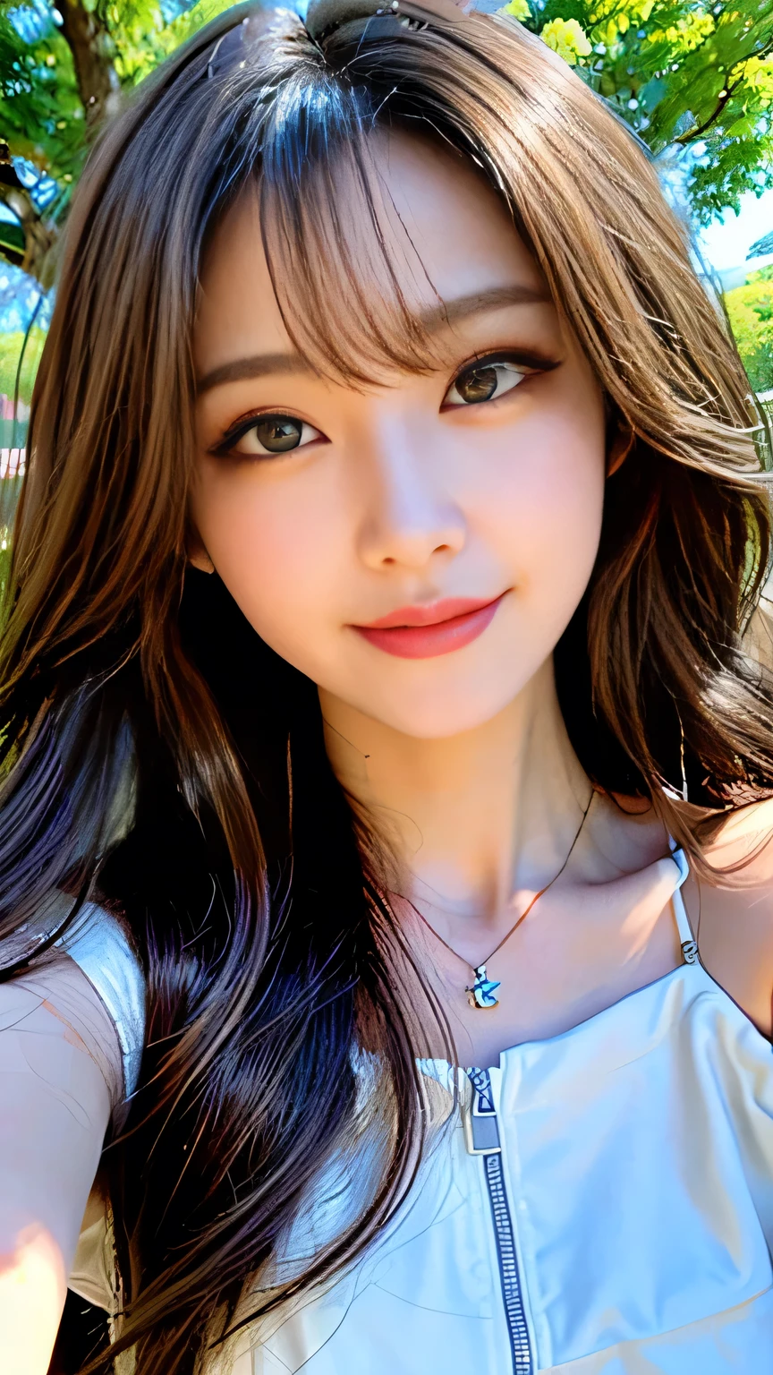 seed;2372725988,((Full Body Angle))、((Front hair:1.3))、((Highest quality, 8k, masterpiece: 1.3)), concentrated: 1.2, Cute 1,Nipples erect、 Perfect beauty: 1.4,Summer off-the-shoulder cropped T-shirt、Letter Print、Shorts: 1.2,Long sleeve、Randall Color、comics&Text Graphics、Black ruffle-trimmed drawstring zip blouse,1.1, Highly detailed face and skin textures, Fine grain, double eyelid, whitening skin, ,Highest quality,Ultra-high resolution,you,1 person,alone,_Shiny_skin,Iris,necklace,((brown_length_Wavy_hair)),(lips)),eyelash,Front hair,deal with,compensate,Shiny,pore,skin,Large Breasts、((Smile))、Walking in the park、Selfie、((close-up))