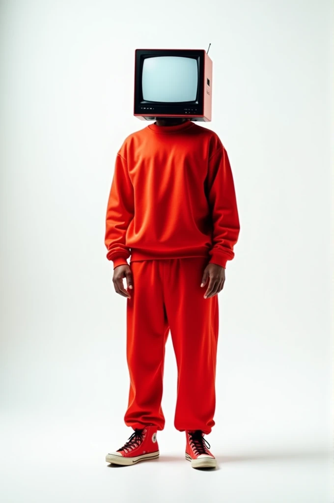 A person a man with a TV instead of a head wearing red pants red clothes red sneakers on a white background