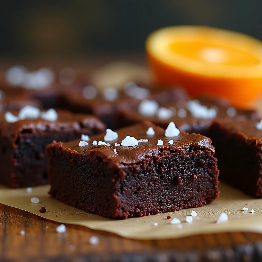 Olive and Orange Brownie with Sea Salt: Brownie with a touch of olive and orange, sprinkled with sea salt for an interesting contrast.