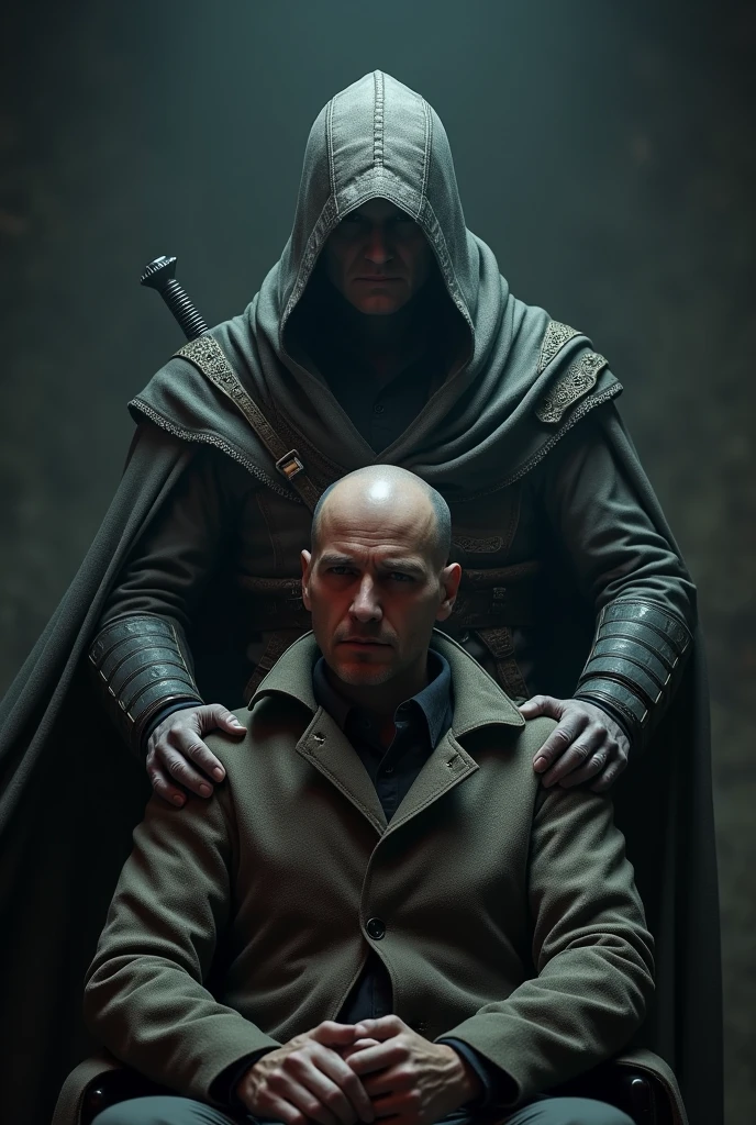 homme chauve asis avec un assassin's creed debout derriere lui avec sa lame secrete 