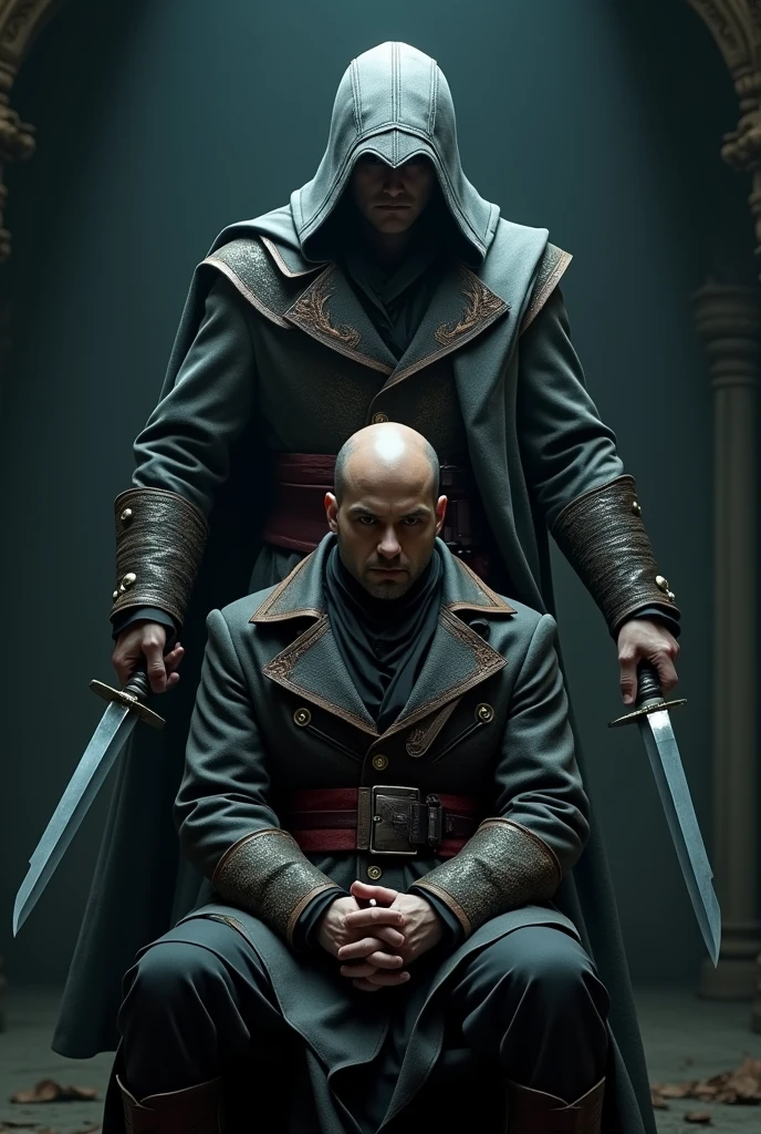 homme chauve asis avec un assassin's creed debout derriere lui avec sa lame secrete 