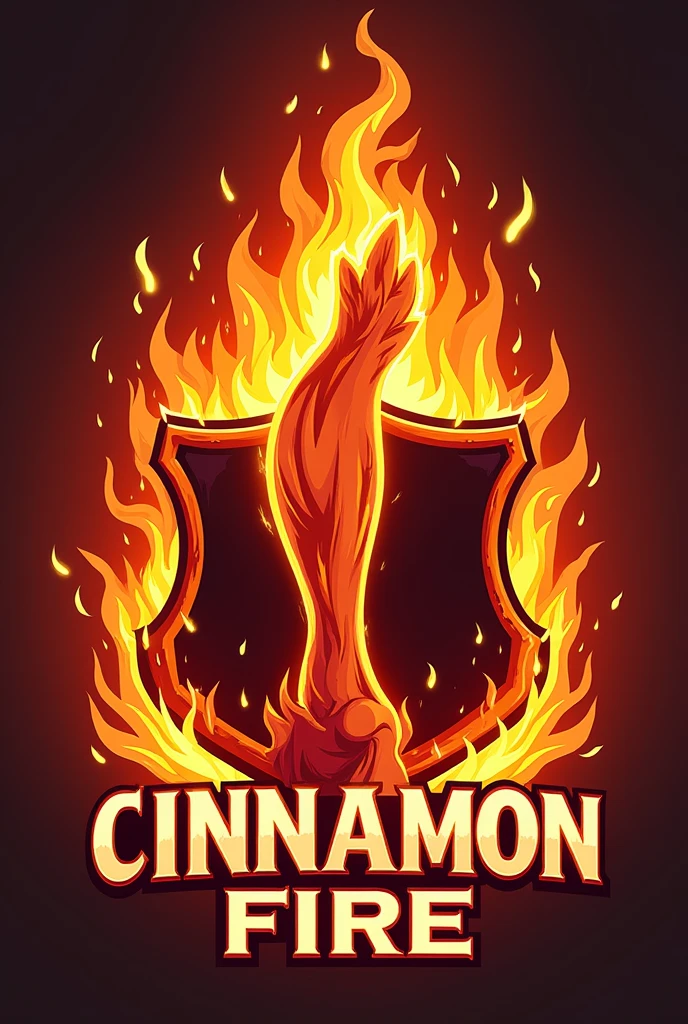 Create a coat of arms as if it were a football team that has the same name "cinnamon fire". Put a whole leg on fire on the coat of arms. Also put the team name on the crest.