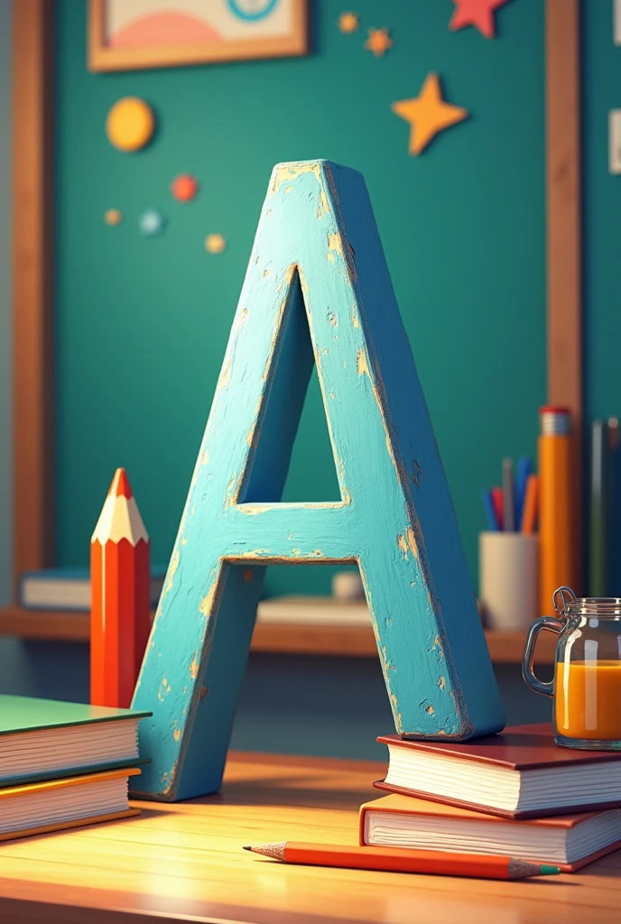 Generate an image that has the word sixth in Spanish and below the capital letter A with a background that is allusive to primary education.